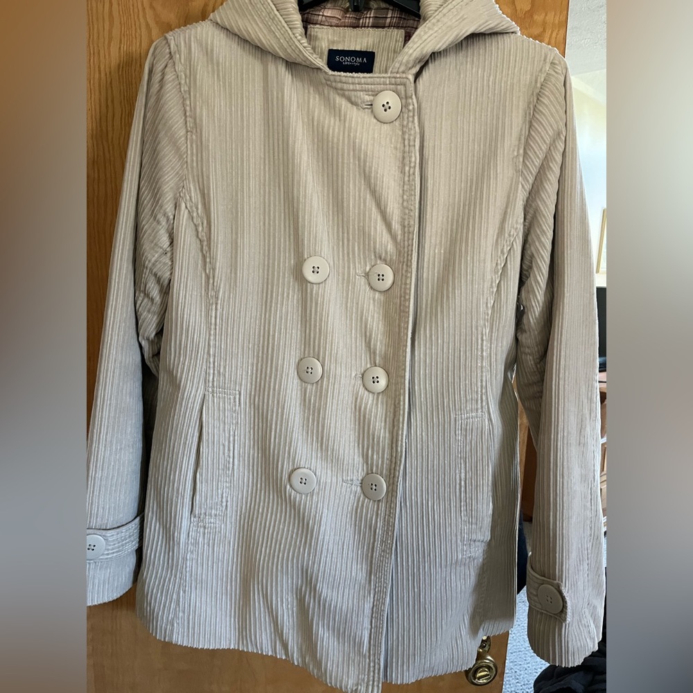 Sonoma lifestyle, lightweight coat, corduroy, size medium, tan, and color